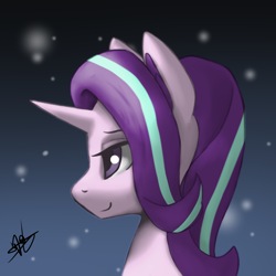 Size: 3000x3000 | Tagged: safe, artist:闪电_lightning, derpibooru import, starlight glimmer, pony, unicorn, abstract background, bust, female, gradient background, high res, horn, lidded eyes, mare, portrait, side view, signature, smiling, solo