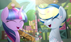 Size: 3674x2160 | Tagged: safe, artist:aryatheeditor, derpibooru import, sci-twi, twilight sparkle, oc, oc:velodash, pegasus, unicorn, canon x oc, comic, digital art, flower, flower shop, happy, headcanon, ponyville, powerful sparkle, story, subtitles