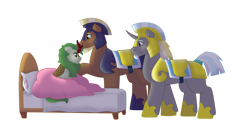 Size: 1280x640 | Tagged: safe, artist:itstechtock, derpibooru import, oc, oc only, kirin, pony, unicorn, armor, beard, bed, blanket, facial hair, hoof shoes, horn, looking at someone, male, pillow, royal guard, short tail, simple background, solo, stallion, tail, transparent background, trio, unicorn oc