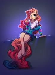 Size: 1516x2048 | Tagged: safe, artist:amishy, derpibooru import, oc, oc only, oc:sheron, anthro, unguligrade anthro, unicorn, anthro oc, clothes, cup, drink, drinking, drinking straw, female, mare, not sunset shimmer, shirt, shorts, sitting, solo