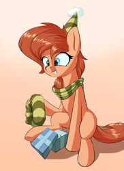 Size: 1600x2200 | Tagged: safe, artist:rocket-lawnchair, derpibooru import, oc, oc only, oc:rusty gears, earth pony, pony, birthday, clothes, female, freckles, gradient background, hat, heterochromia, mare, party hat, present, scarf, sitting, smiling, socks, solo, striped socks