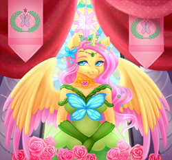 Size: 3500x3258 | Tagged: safe, artist:tookiut, derpibooru import, oc, oc:princess fluttershy, alicorn, anthro, alicorn oc, alternate character design, alternate clothes, alternate cutie mark, alternate hairstyle, alternate timeline, alternate universe, banner, clothes, colored wings, commission, drapes, dress, element of kindness, flower, gloves, gown, jewelry, looking at you, painting, rose, sad story, smiling, smiling at you, solo, stained glass window, story included, tiara, two toned wings, wings, ych result