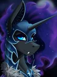 Size: 2000x2692 | Tagged: safe, alternate version, artist:twotail813, derpibooru import, nightmare moon, alicorn, armor, bust, ear fluff, ears, ethereal mane, eyeshadow, fangs, female, helmet, high res, horn, looking at you, makeup, moon, night, portrait, smiling, solo, stars