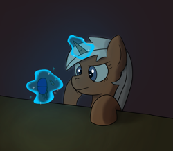 Size: 1597x1392 | Tagged: safe, artist:librarylonging, derpibooru import, silver spanner, pony, unicorn, earbuds, magic, magic aura, solo, table