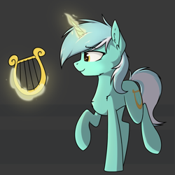 Size: 2137x2137 | Tagged: safe, artist:danger_above, derpibooru import, lyra heartstrings, pony, unicorn, bipedal, ear fluff, ears, female, glowing, glowing horn, high res, horn, levitation, lyre, magic, mare, musical instrument, raised hoof, raised leg, simple background, smiling, solo, standing, telekinesis