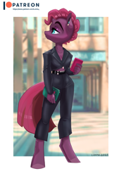 Size: 2713x4008 | Tagged: safe, artist:lummh, derpibooru import, tempest shadow, anthro, unguligrade anthro, unicorn, alternate hairstyle, blurry background, broken horn, cellphone, clothes, female, horn, jacket, lidded eyes, looking to side, looking to the left, mare, midriff, pants, phone, smartphone, solo, trousers