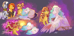 Size: 2332x1160 | Tagged: safe, artist:bunnari, derpibooru import, princess celestia, sunburst, sunset shimmer, zecora, pony