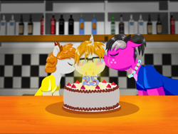 Size: 4160x3120 | Tagged: safe, artist:dianetgx, derpibooru import, oc, oc:axle bright, oc:diane tgx, oc:novita quester, dragon, kirin, unicorn, birthday cake, blushing, cake, candle, dragoness, female, food, glasses, jewelry, kissing, necklace