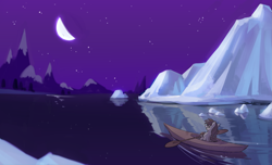 Size: 3615x2201 | Tagged: safe, artist:marbo, oc, oc only, oc:river bed, oc:still lake, pony, /mlp/, boat, braid, crescent moon, duo, eyes closed, featured image, female, filly, high resolution, ice, iceberg, kayak, mare, moon, mother and child, mother and daughter, night, night sky, parent and child, reflection, singing, sky, snow, snowpony (species), taiga pony, water