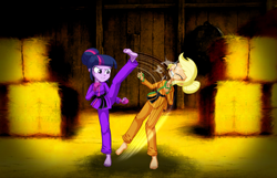 Size: 5433x3488 | Tagged: safe, artist:ponymaan, applejack, twilight sparkle, equestria girls, barefoot, black belt, clothes, duo, duo female, eyes closed, feet, female, fight, fingerless gloves, freckles, gloves, gritted teeth, hay bale, high res, karate gi, kick