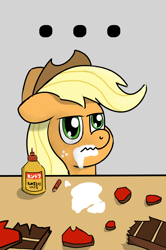 Size: 2280x3434 | Tagged: safe, artist:anonymous, applejack, earth pony, pony, ..., applejack's hat, clothes, drawthread, ears, eating, female, floppy ears, glue, gray background, hat, mare, ponified, requested art, simple background, solo