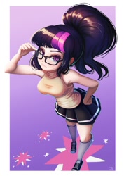 Size: 706x1000 | Tagged: safe, artist:the-park, sci-twi, twilight sparkle, human, breasts, clothes, female, glasses, hand on hip, headlight sparkle, humanized, looking at you, ponytail, shoes, skirt, sneakers, socks, solo