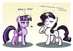 Size: 1414x1000 | Tagged: safe, artist:the-park, rarity, twilight sparkle, twilight sparkle (alicorn), alicorn, pony, unicorn, blushing, dialogue, duo, eyes closed, female, horn, horn impalement, hornball, implied izzy moonbow, mare, tennis ball, twilight is not amused, unamused