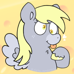 Size: 720x720 | Tagged: safe, artist:sw4g-numer4ls, derpibooru import, derpy hooves, pegasus, pony, bust, colored, flat colors, freckles, raised hoof, raised leg, simple background, solo, spread wings, tongue, tongue out, wings, yellow background