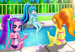 Size: 2000x1400 | Tagged: safe, artist:dieart77, derpibooru import, adagio dazzle, aria blaze, sonata dusk, equestria girls, adagio dat-azzle, ass, bare shoulders, barefoot, belly button, bikini, butt, clothes, drinking straw, feet, female, glass, juice, open mouth, sleeveless, swimming pool, swimsuit, the dazzlings, trio