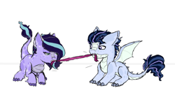 Size: 712x379 | Tagged: safe, artist:alawdulac, derpibooru import, oc, oc:frost, oc:jade amethyst, dracony, hybrid, brother and sister, female, foal, interspecies offspring, male, offspring, parent:rarity, parent:spike, parents:sparity, siblings, simple background, tug of war, white background