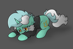 Size: 3438x2281 | Tagged: safe, artist:background basset, derpibooru import, lyra heartstrings, pony, unicorn, clothes, depressed, dig the swell hoodie, gray background, hoodie, lying down, simple background, solo