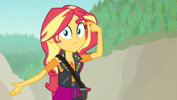 Size: 3410x1920 | Tagged: safe, derpibooru import, screencap, sunset shimmer, better together, equestria girls, forgotten friendship, clothes, cutie mark, cutie mark on clothes, female, geode of empathy, high res, jacket, jewelry, leather, leather jacket, magical geodes, necklace, solo