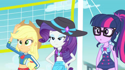 Size: 3410x1920 | Tagged: safe, derpibooru import, screencap, applejack, rarity, sci-twi, twilight sparkle, better together, equestria girls, forgotten friendship, :o, applejack's hat, belly button, clothes, cowboy hat, female, geode of shielding, geode of super strength, geode of telekinesis, glasses, hand on hip, hat, high res, jewelry, magical geodes, midriff, necklace, o, o mouth, one-piece swimsuit, open mouth, ponytail, sarong, sleeveless, swimsuit, trio, trio female, volleyball net