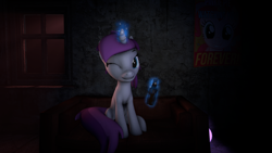 Size: 1920x1080 | Tagged: safe, artist:skyarrow, derpibooru import, pinkie pie, oc, oc:glimmerlight, unicorn, fallout equestria, fallout equestria: murky number seven, 3d, beer bottle, bottle, fanfic art, female, magic, mare, source filmmaker