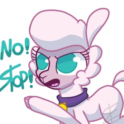 Size: 720x720 | Tagged: safe, artist:berrysoda10, derpibooru import, pom lamb, lamb, sheep, them's fightin' herds, collar, community related, female, no, open mouth, pointing, pom is not amused, raised hoof, raised leg, reaction image, signature, simple background, solo, stop, unamused, white background