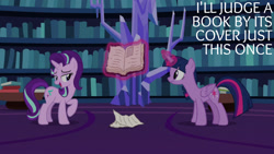 Size: 1280x720 | Tagged: safe, derpibooru import, edit, edited screencap, editor:quoterific, screencap, starlight glimmer, twilight sparkle, twilight sparkle (alicorn), alicorn, pony, unicorn, fame and misfortune, book, duo, duo female, female, glowing, glowing horn, horn, magic, magic aura, mare, open mouth, telekinesis, twilight's castle