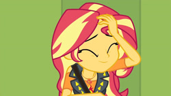 Size: 3410x1920 | Tagged: safe, derpibooru import, screencap, sunset shimmer, better together, equestria girls, forgotten friendship, clothes, cutie mark, cutie mark on clothes, eyes closed, female, geode of empathy, high res, jacket, jewelry, leather, leather jacket, lockers, magical geodes, necklace, smiling, solo