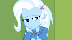 Size: 3410x1920 | Tagged: safe, derpibooru import, screencap, trixie, better together, equestria girls, forgotten friendship, clothes, female, hairpin, high res, hoodie, lockers, solo