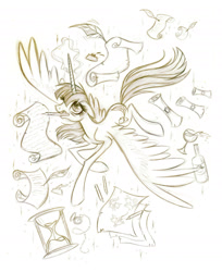 Size: 1650x2025 | Tagged: safe, artist:lauren faust, derpibooru import, oc, oc only, oc:fausticorn, alicorn, pony, 2011, alcohol, bottle, feather, female, glass, hourglass, lauren faust, mare, monochrome, mouth hold, pencil, quill, scroll, simple background, sketch, solo, spread wings, wine, wings