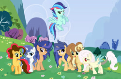 Size: 1024x668 | Tagged: safe, artist:velveagicsentryyt, derpibooru import, oc, oc:apple pie, oc:destiny, oc:galaxy swirls, oc:party pie, oc:rainbow blitzes, oc:sky city, oc:velvet sentry, earth pony, hybrid, pegasus, pony, unicorn, base used, deviantart watermark, female, interspecies offspring, mare, obtrusive watermark, offspring, parent:applejack, parent:caramel, parent:cheese sandwich, parent:discord, parent:fancypants, parent:flash sentry, parent:fluttershy, parent:pinkie pie, parent:rainbow dash, parent:rarity, parent:soarin', parent:twilight sparkle, parents:carajack, parents:cheesepie, parents:discoshy, parents:flashlight, parents:raripants, parents:soarindash, watermark