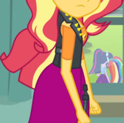 Size: 1939x1920 | Tagged: safe, derpibooru import, screencap, rainbow dash, sci-twi, sunset shimmer, twilight sparkle, better together, equestria girls, forgotten friendship, clothes, cropped, cutie mark, cutie mark on clothes, faceless female, female, high res, jacket, leather, leather jacket, offscreen character, ponytail