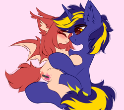 Size: 3762x3333 | Tagged: safe, artist:airiniblock, derpibooru import, oc, oc only, oc:airi, oc:vajr, bat pony, unicorn, boop, cute, hug, love, noseboop, rcf community, shipping, size difference