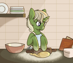 Size: 2800x2400 | Tagged: safe, artist:buy_some_apples, derpibooru import, oc, oc only, pony, unicorn, anime style, book, bowl, cooking, dough, horn, rolling pin, unicorn oc