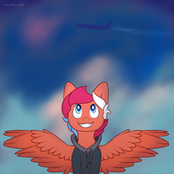 Size: 3000x3000 | Tagged: safe, artist:buy_some_apples, derpibooru import, oc, oc only, pegasus, pony, blue eyes, clothes, happy, high res, hoodie, pegasus oc, plane, smiling, spread wings, wings