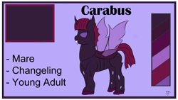 Size: 1192x670 | Tagged: safe, artist:schumette14, derpibooru import, oc, oc:carabus, changeling, changepony, hybrid, alternate universe, evilverse, interspecies offspring, multiverse, next generation, offspring, parent:pharynx, parent:twilight sparkle, parents:pharlight, parents:twilynx, purple changeling