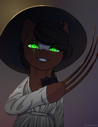 Size: 2300x3000 | Tagged: safe, artist:buy_some_apples, derpibooru import, oc, oc only, earth pony, clothes, dress, glowing, glowing eyes, grin, hat, lady dimitrescu, smiling, solo