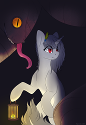 Size: 3100x4500 | Tagged: safe, artist:buy_some_apples, derpibooru import, oc, oc only, snake, unicorn, lamp, lantern, monster, scared, solo, tongue, tongue out