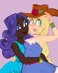 Size: 1638x2048 | Tagged: safe, artist:gamshrew, derpibooru import, applejack, rarity, human, bare shoulders, clothes, dark skin, dress, female, freckles, humanized, lesbian, rarijack, shipping, shoulder freckles, simple background, sleeveless, strapless, white pupils