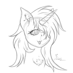 Size: 2000x2000 | Tagged: safe, artist:diamond06mlp, derpibooru import, oc, oc only, pony, unicorn, :3, :p, bust, chest fluff, ear piercing, heart eyes, high res, horn, lineart, monochrome, piercing, signature, simple background, solo, tongue, tongue out, unicorn oc, white background, wingding eyes