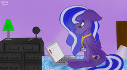 Size: 1440x801 | Tagged: safe, artist:skypaw122, derpibooru import, oc, oc only, pegasus, pony, eyelashes, female, indoors, mare, pegasus oc, signature, sitting, wings