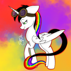 Size: 700x700 | Tagged: safe, artist:skypaw122, derpibooru import, oc, oc only, oc:lightning bliss, alicorn, pony, abstract background, female, goggles, mare, raised hoof, raised leg, signature, solo