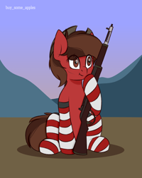 Size: 2000x2500 | Tagged: safe, artist:buy_some_apples, derpibooru import, oc, oc only, earth pony, pony, :t, brown eyes, brown mane, clothes, cowboy hat, eye clipping through hair, gun, hat, high res, rifle, shadow, sitting, socks, solo, striped socks, two toned mane, watermark, weapon