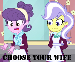 Size: 663x549 | Tagged: safe, derpibooru import, suri polomare, upper crust, equestria girls, friendship games, caption, choose your wife, clothes, crystal prep academy uniform, image macro, school uniform, text