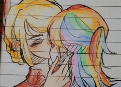 Size: 1000x720 | Tagged: safe, artist:轩泽然, derpibooru import, applejack, rainbow dash, human, appledash, eyes closed, female, humanized, kissing, lesbian, lined paper, shipping, traditional art