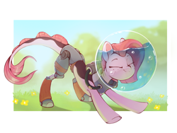 Size: 1390x1044 | Tagged: safe, artist:rexyseven, derpibooru import, oc, oc only, oc:koraru koi, merpony, pony, amputee, blurry background, eyes closed, female, flower, grass, iwtcird, outdoors, prosthetic leg, prosthetic limb, prosthetics, solo, stretching