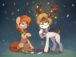 Size: 1845x1389 | Tagged: safe, artist:rexyseven, derpibooru import, oc, oc only, oc:rusty gears, oc:sofiko, deer, earth pony, pony, bell, bell collar, bow, christmas, christmas lights, clothes, collar, confetti, deer oc, duo, female, freckles, holiday, mare, present, scarf, smiling, socks, striped scarf, striped socks