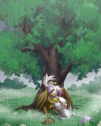 Size: 739x924 | Tagged: safe, artist:cosmalumi, derpibooru import, gilda, oc, oc:graciella, griffon, flower, hug, rain, scenery, tree