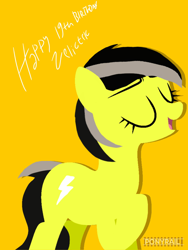 Size: 1536x2048 | Tagged: safe, artist:indonesiarailroadpht, derpibooru import, oc, oc only, oc:zeliktric, earth pony, pony, eyes closed, female, hoof on chest, mare, open mouth, simple background, solo, two toned mane, yellow background