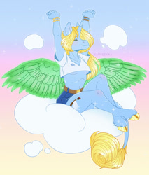 Size: 1280x1503 | Tagged: safe, artist:sadelinav, derpibooru import, oc, oc only, oc:art's desire, anthro, classical unicorn, unguligrade anthro, unicorn, breasts, clothes, cloud, cloven hooves, colored wings, eyes closed, female, magic wings, shorts, sitting on cloud, solo, spread wings, underboob, unshorn fetlocks, wings