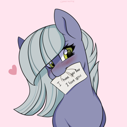 Size: 2200x2200 | Tagged: safe, artist:chickenbrony, derpibooru import, limestone pie, earth pony, pony, blushing, cute, female, heart, limabetes, limetsun pie, looking at you, mare, mouth hold, note, smiling, smiling at you, solo, tsundere